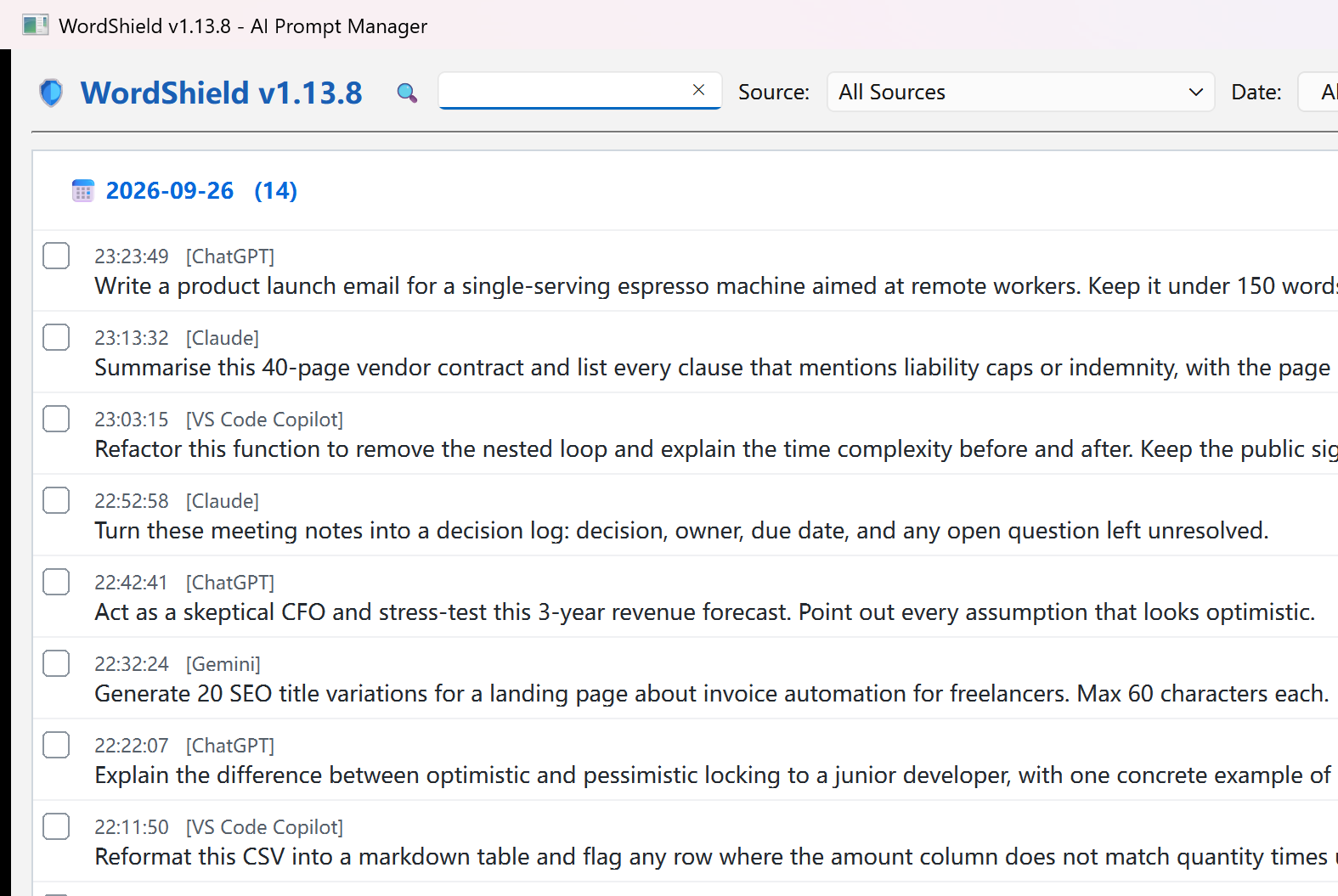 WordShield main window listing captured prompts with source app and timestamp