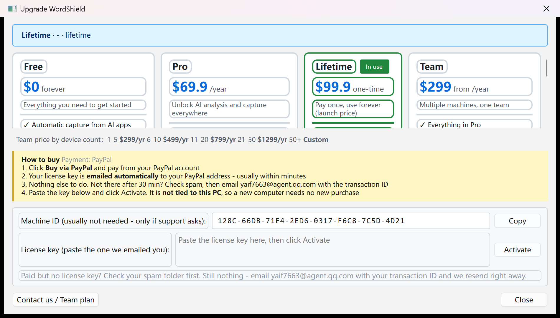 WordShield upgrade dialog comparing plans and activating a license